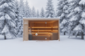 Wooden sauna with 'Evergreen Wellness' sign on a neutral wall.
