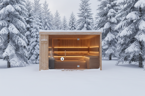 Wooden sauna with 'Evergreen Wellness' sign on a neutral wall.
